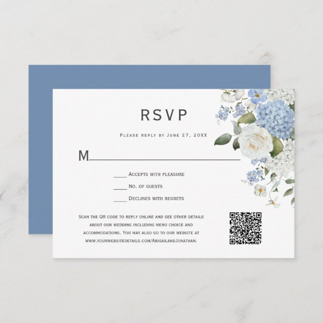 Blau-Weiß-Hydrangea, Weiße Rosen, Blüten RSVP Karte (Vorne/Hinten)