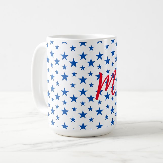 Blau-Weiß-individualisierbares Sternmuster Kaffeetasse (Vorderseite Links)