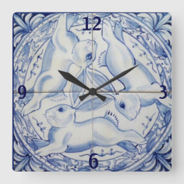 Blau & Weiß Kaninchen Bunny Three Hares Tile Dekor Quadratische Wanduhr