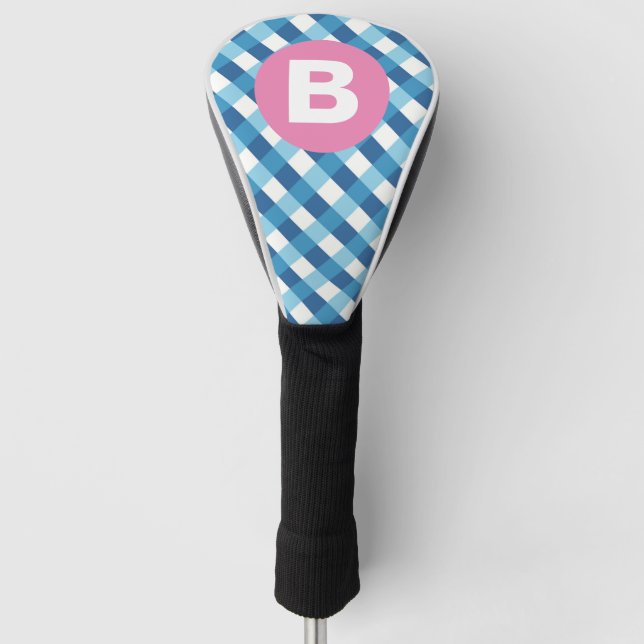Blau-weiß kariert mit rosa Monogramm Golf Headcover (Vorderseite)