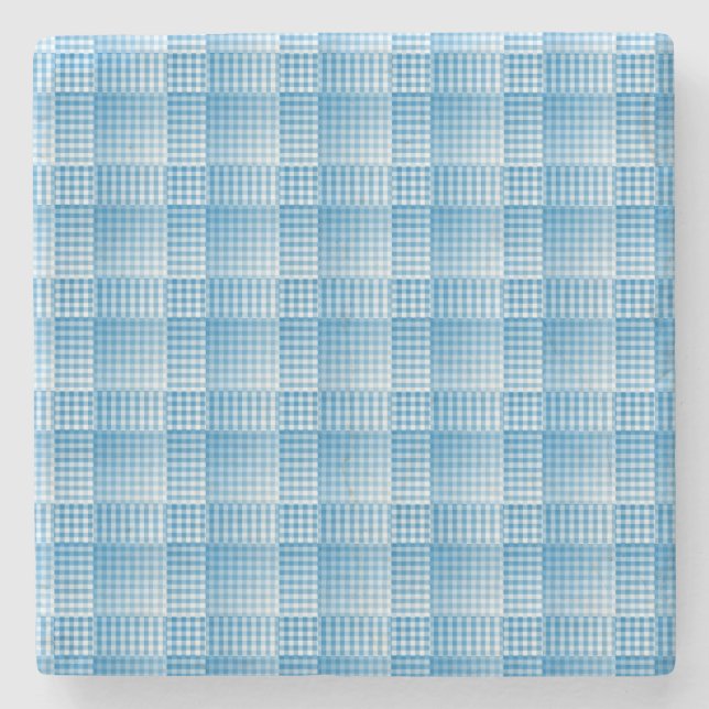Blau Weiß Karo abstraktes Muster Steinuntersetzer (Vorderseite)