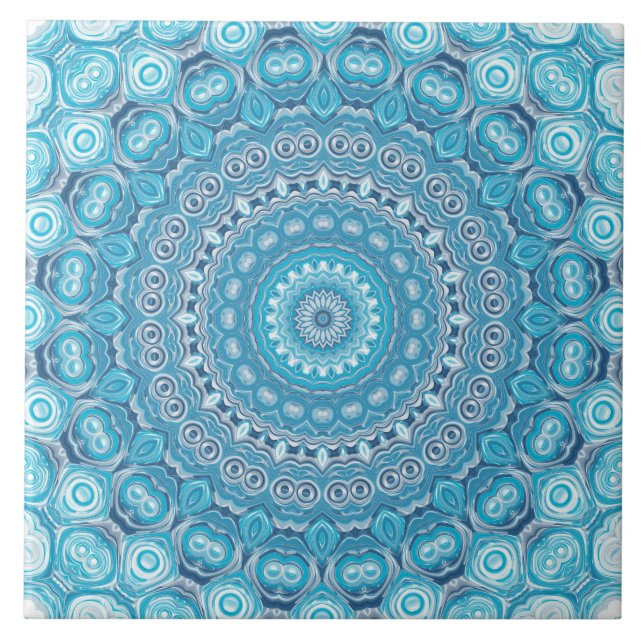 Blau-Weiß-Mandala-Musterdesign Fliese (Vorderseite)