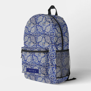 Blau-Weiß-mediterranes Vintages Blumenmuster Bedruckter Rucksack