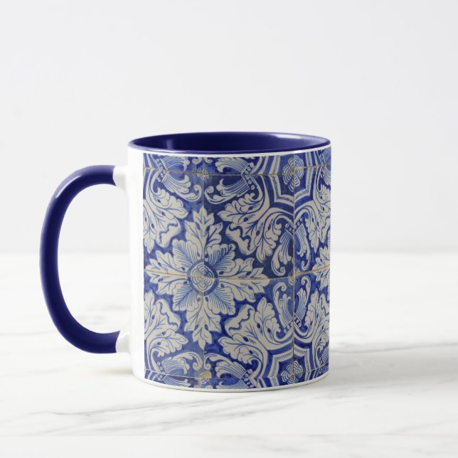 Blau-Weiß-mediterranes Vintages Blumenmuster Tasse (Links)