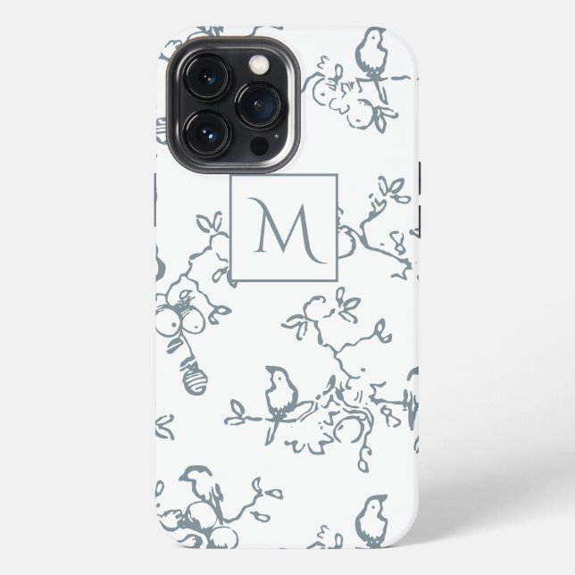 Blau-Weiß-Monogramm Einfaches Vogel-Muster iPhone Hülle (Rückseite)