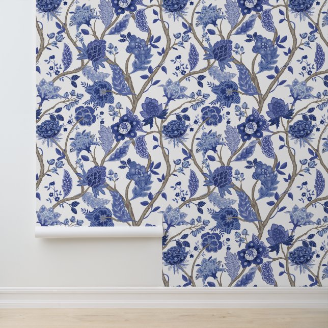 Blau-Weiß-Mughal-Garten Blumenmuster Tapete (Anwendung)