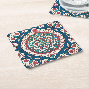 Blau Weiß Rot Türkis Orientalischer Azulejo-Muster Rechteckiger Pappuntersetzer