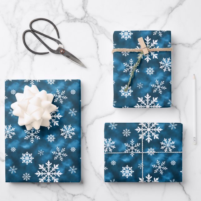 Blau-Weiß-Schneemuster im Winter Geschenkpapier Set (Vorderseite)