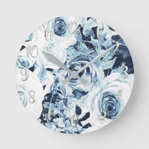 Blau Weiß Silber Winter Shabby Chic Vintage Rosen Runde Wanduhr