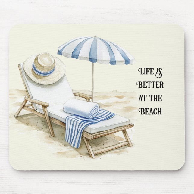 Blau Weiß Strand Sonnenschirm Mousepad (Vorne)