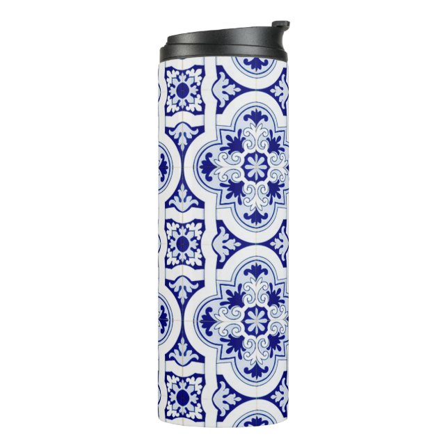 Blau & Weiß Talavera Tile Look Thermal Tumbler Thermosbecher (Nach links gedreht)