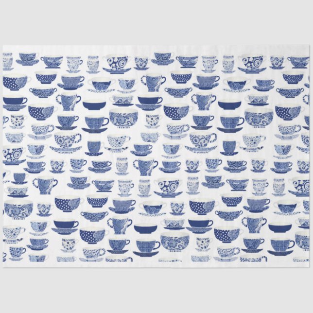 Blau-Weiß-Teacup-Muster Seidenpapier (Vorderseite)