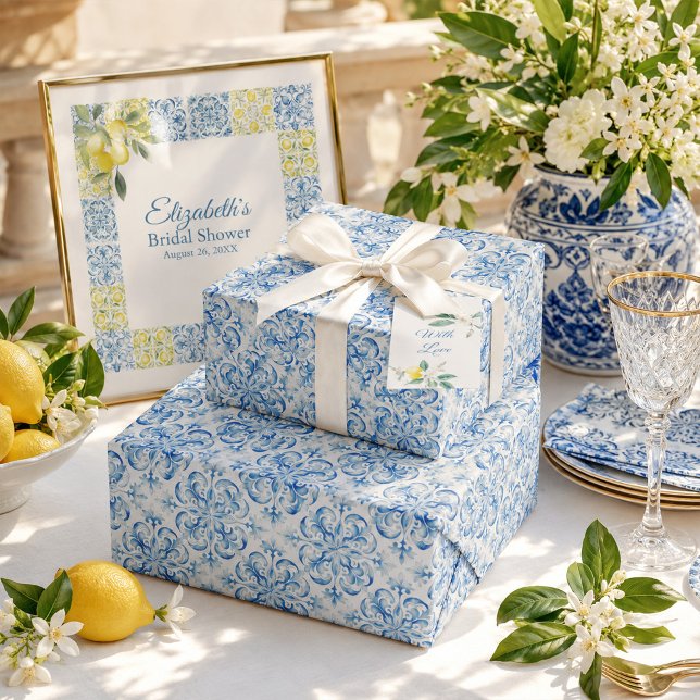 Blau-Weiß-Tile im Mittelmeer Geschenkpapier (Mediterranean Blue Tile Bridal Shower Wrapping Paper)