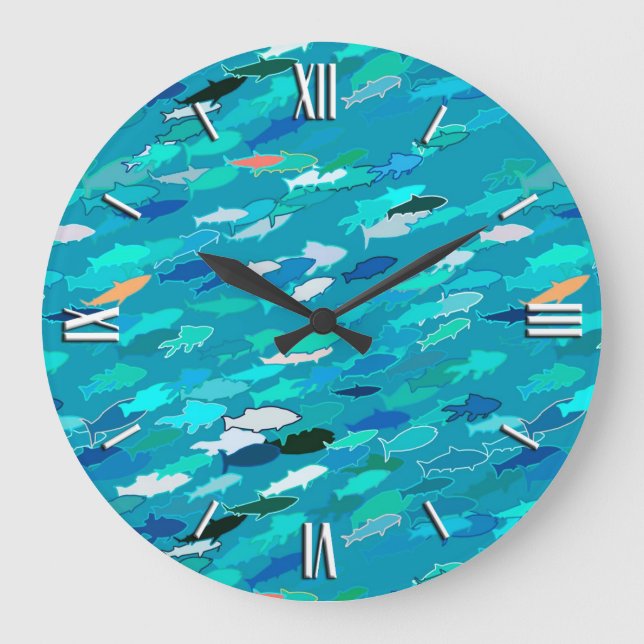 Blau, weiß, Türkisschule der Fische Große Wanduhr (Vorderseite)