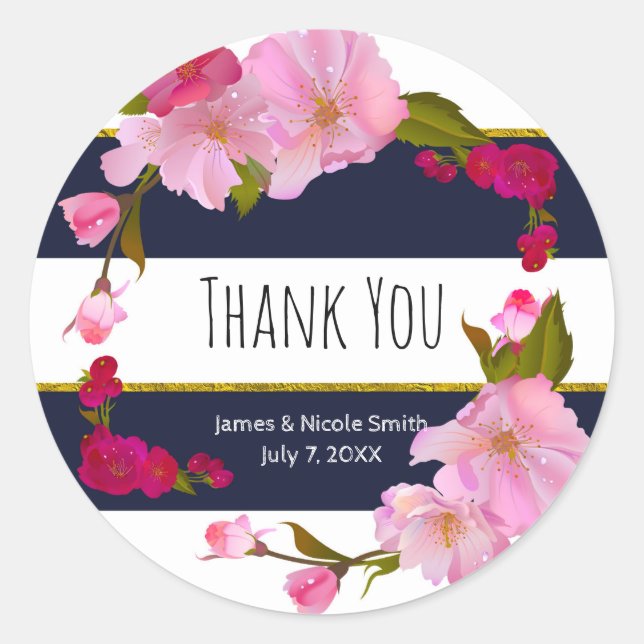 Blau-Weiß und Gold Modernes Party mit Blumenmotiv Runder Aufkleber (Vorderseite)