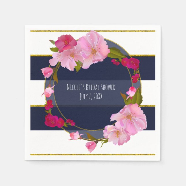 Blau-Weiß und Gold Modernes Party mit Blumenmotiv Serviette (Vorderseite)