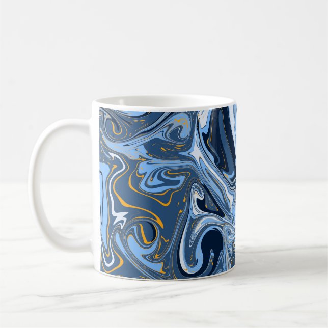 Blau, Weiß und Gold Wirbel Fluid Art Kaffeetasse (Links)