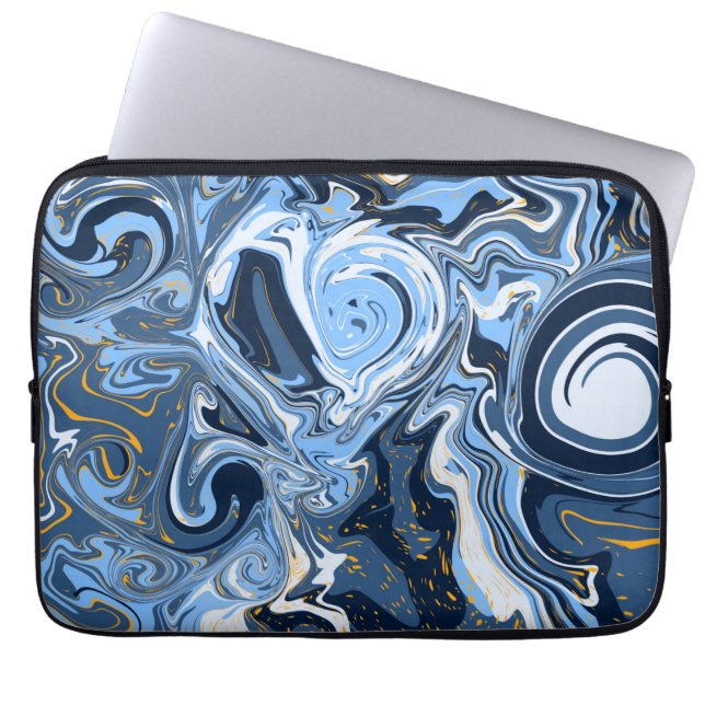 Blau, Weiß und Gold Wirbel Fluid Art Laptopschutzhülle (Vorderseite)