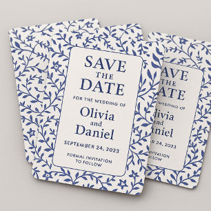 Blau-weiß verpacktes Papier mit grafischer Darstel Save The Date