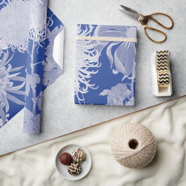 Blau Weiß Vintag Chinoiserie Blumenmuster Geschenkpapier (Kunsthandwerk)