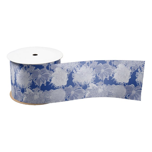 Blau Weiß Vintag Chinoiserie Blumenmuster Satinband (Spule)