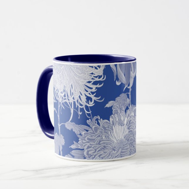 Blau Weiß Vintag Chinoiserie Blumenmuster Tasse (Vorderseite Links)