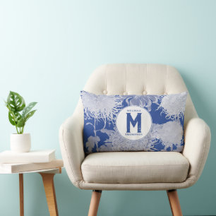 Blau Weiß Vintag Chinoiserie Floral Monogram Lendenkissen