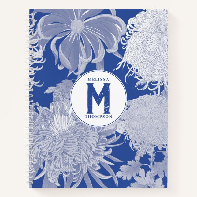 Blau Weiß Vintag Chinoiserie Floral Monogram Notizbuch (Vorderseite)