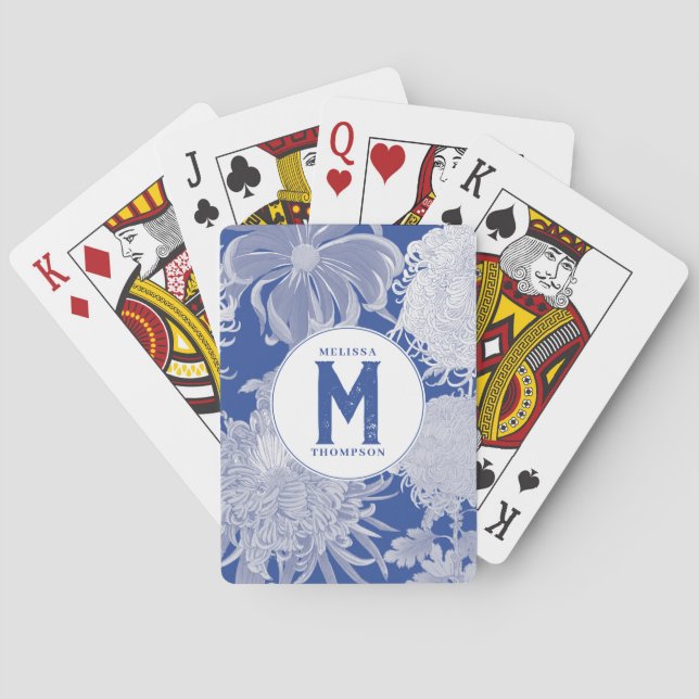 Blau Weiß Vintag Chinoiserie Floral Monogram Spielkarten (Rückseite)