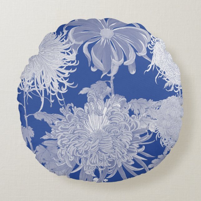 Blau Weiß Vintag Chinoiserie Florenz Rundes Kissen (Vorderseite)