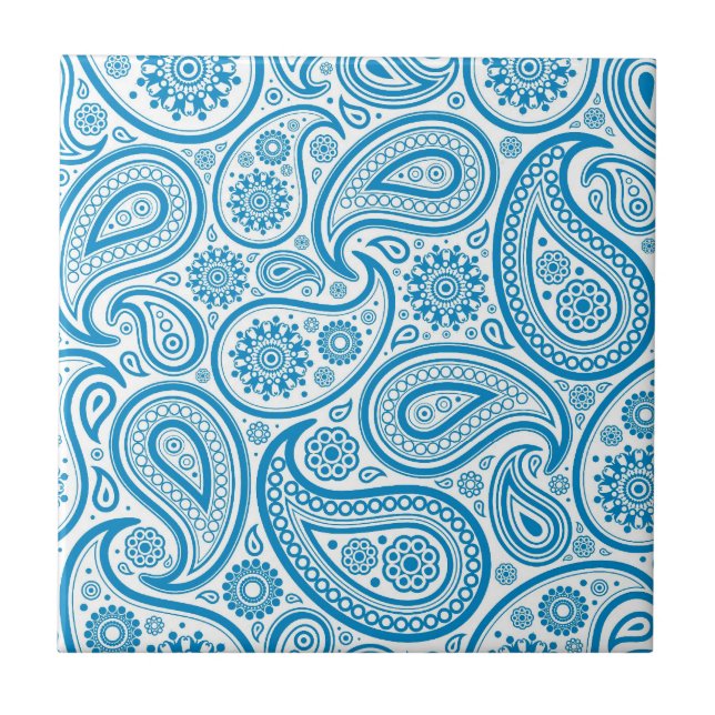 Blau-Weiß Vintag Paisley Damask Muster Fliese (Vorderseite)