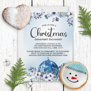 Blau-Weiß-Weihnachts-Blumen-Ornamententausch Einladung