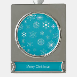 Blau & Weiß Weihnachtsschneeflocken Muster Banner-Ornament Silber