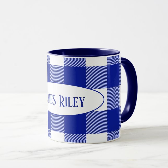Blau-Weißbüffel kariert mit Namen Tasse (VorderseiteRechts)