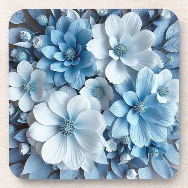 Blau-weiße 3D-Blume Getränkeuntersetzer (Vorderseite)