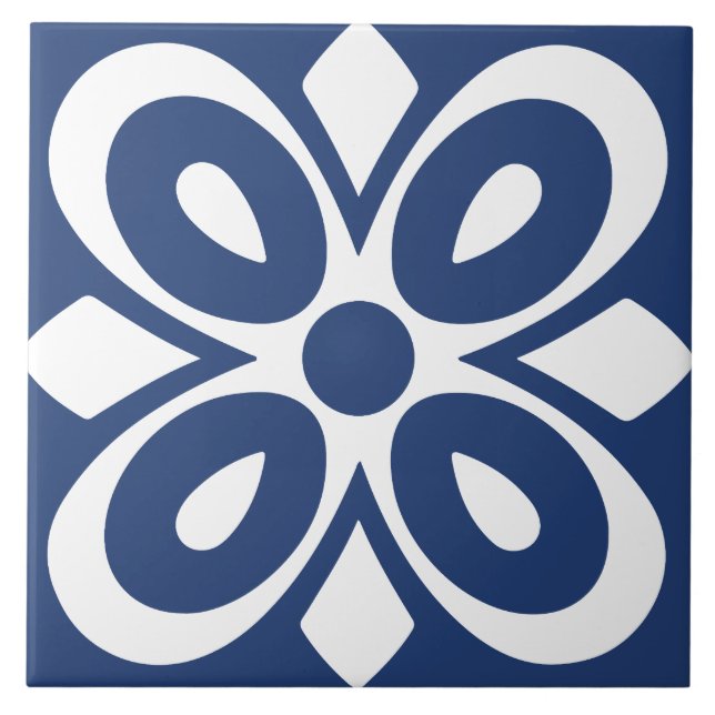 Blau-weiße abstrakte florale Geometrie Fliese (Vorderseite)