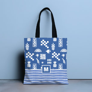 Blau-weiße abstrakte geometrische Vogel-Blumen-Mon