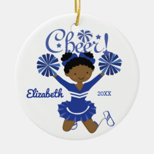 Blau-weiße Afroamerikanische Cheerleader-Weihnacht Keramik Ornament
