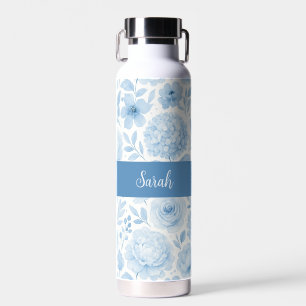 Blau-weiße Aquarell-Blumenmonogramm-Name Trinkflasche