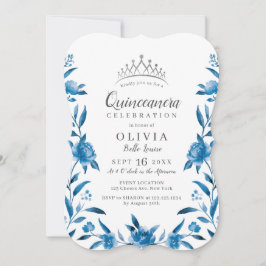 Blau-weiße Aquarellblüte Quinceanera Einladung