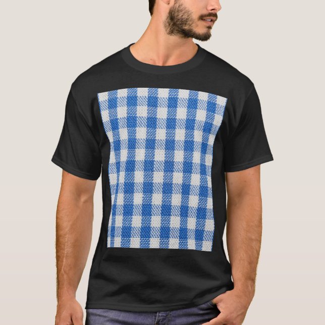 Blau-weiße ausgekleidete Esskleider. T-Shirt (Vorderseite)