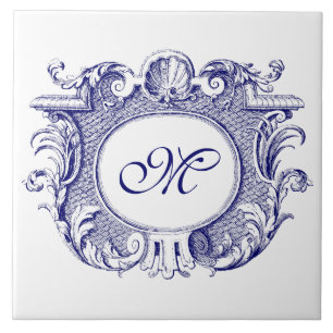 Blau-weiße barocke Kartuschen-Schalen-Monogramm Fliese