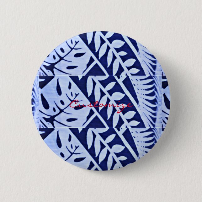 Blau Weiße Blätter Muster Thunder_Cove Button (Vorderseite)