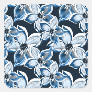 Blau-weiße Blume auf schwarzem Hintergrund. Quadratischer Aufkleber