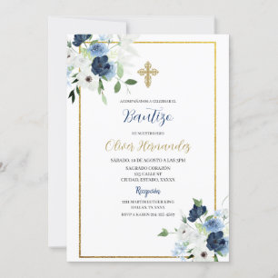 Blau-weiße Blume Bautizo Spanish Invite Einladung