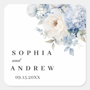 Blau-weiße Blume Hochzeitszettel Quadratischer Aufkleber
