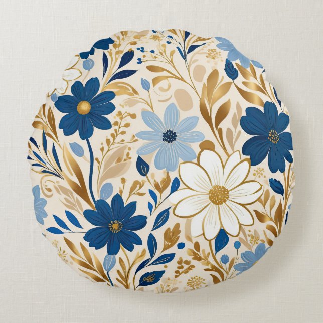 Blau-weiße Blume mit goldenen Blätter Rundes Kissen (Vorderseite)
