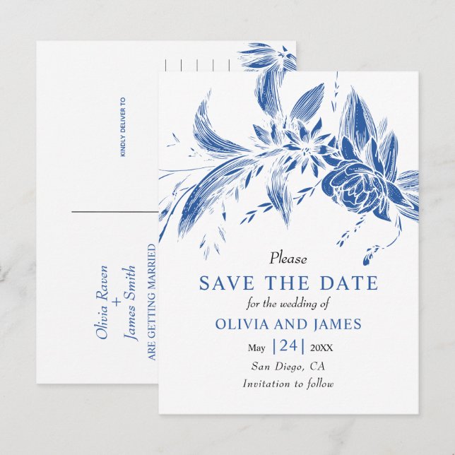 Blau-weiße Blume Save the Date Postkarte (Vorne/Hinten)