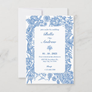 Blau weiße Blumen klassische Vintage-Hochzeit Einladung