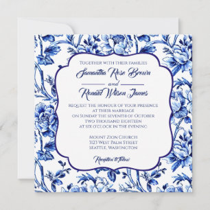 Blau-weiße Blumentoilette Hochzeit Einladung